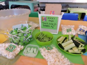 Green (Rocky): cucumber sticks, snap peas, green milk bottles and green Fizz Pops