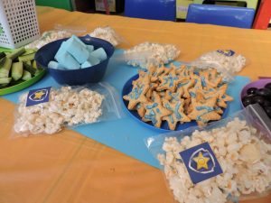 Blue (Chase): blue Manhattan marshmallows and star oat cookies iced in blue